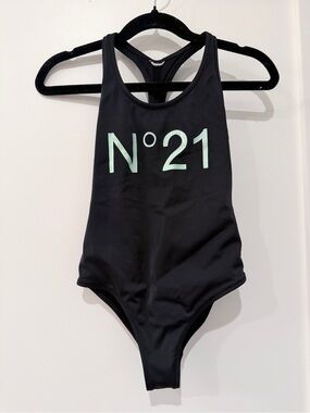 Kids Black One-Piece Swimsuit with Mint Logo